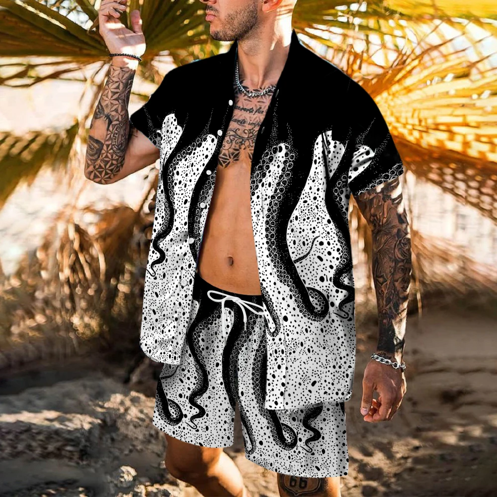 

Мужской комплект из 2 предметов, Повседневная рубашка с коротким рукавом и шорты, модный уличный костюм с принтом в виде осьминога и шепота с отворотами, лето 2022