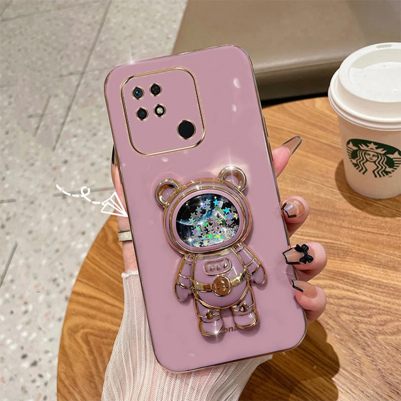 

Cartoon Bear Fold Stand For Xiaomi Poco C40 Phone Case Luxury Plating Cover