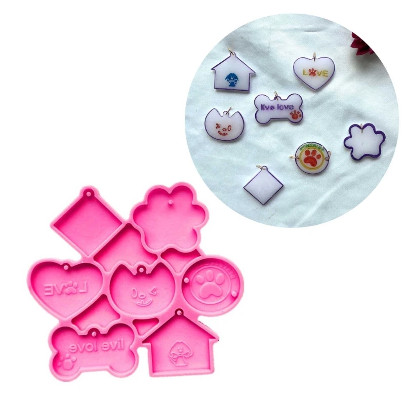 

R3MC Silicone Dog Bone Pet Tag Keychain Mold with Hole Square Love Pendant Handmade Mold for Valentines Day Birthday Gift