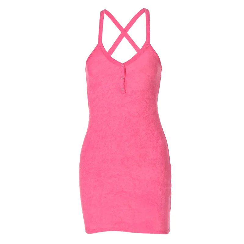

Sexy Women's Dress New Spring Autumn Fashion Sling V-Neck Dark Button Slim Mid Waist Commuter Dress Free Shipping