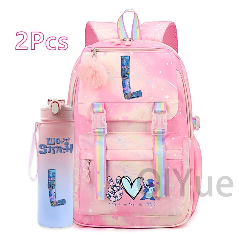 Фото Рюкзак Lilo Stitch для девочек, 2 шт./компл., 750 мл, спортивная бутылка для воды на открытом воздухе, буква A-Z, подростковый студенческий рюкзак обратно в школу №4