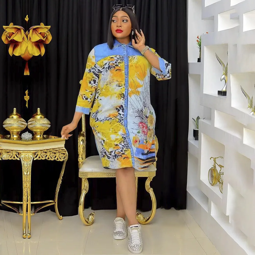 

African women's 2022 Spring/fall long sleeve spliced print loose plus-size dress European and American blouse dress 13A007
