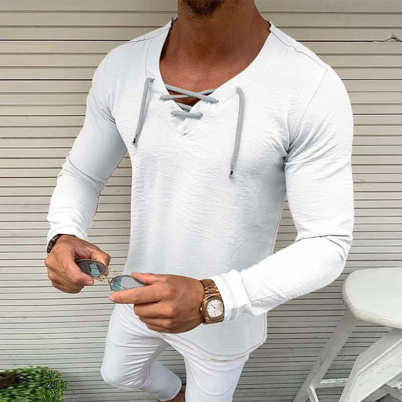 

Men's V-Neck T Shirt Spring Autumn Long Sleeve Tshirt Male Solid Tees Tops Casual Bandage Mens Clothing Outdoor Tee Shirt