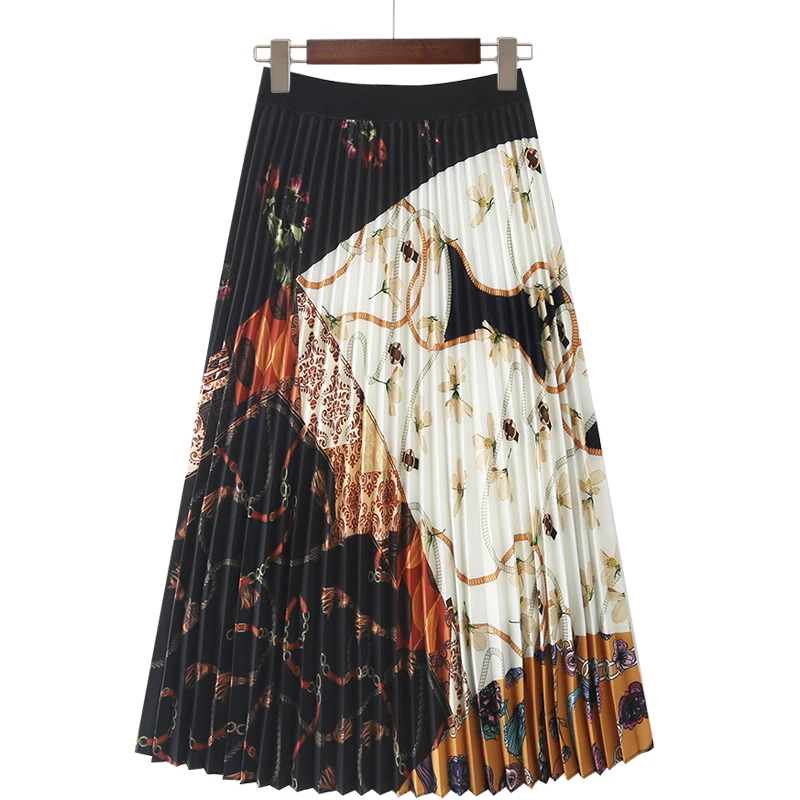 

2022 Spring Chiffon Retro Print Pattern Skirt Women's High Waist Elastic All-match Beach Pleated Skirt MIDI Skirt