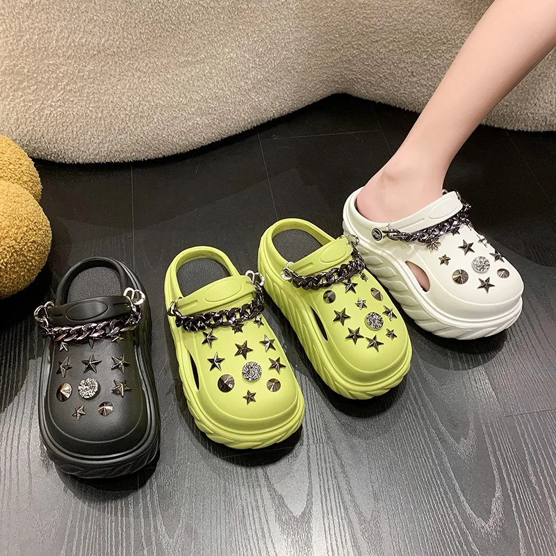 2023 Summer Street Slippers Women Fashion Clogs Thick Sole Garden Shoes Female Platform Slides Cut-out Girls Sandals With Chain