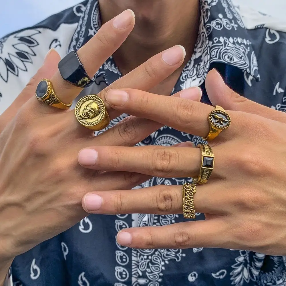 

Western Hot Geometric Vintage Men Rings Set Plain Personality Fashion Alloy Skull 6pcs Rings Set