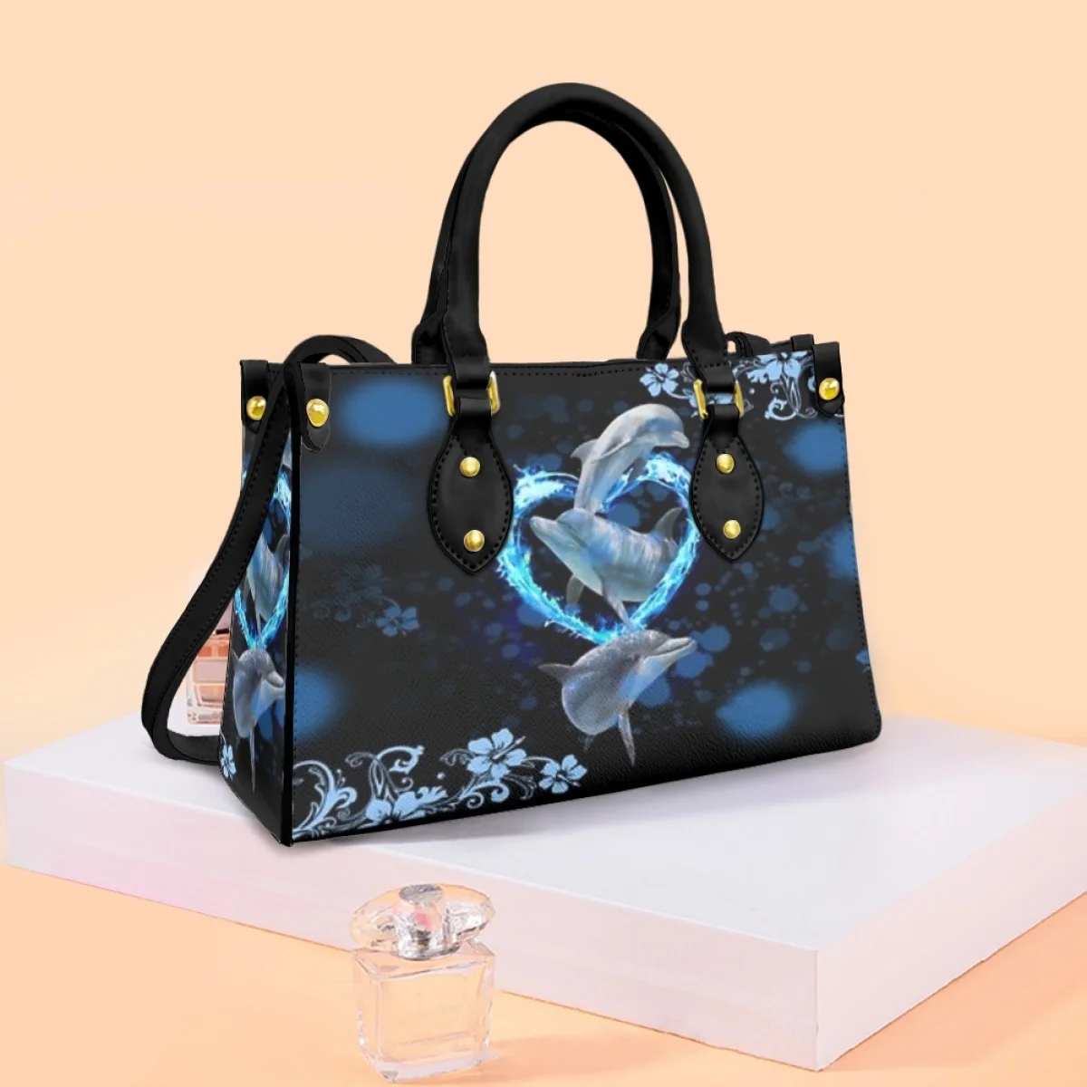 Belidome Blue Dolphin Floral Design Luxury Pureses and Handbags For Womens Top Handle Satchel Shoulder Bags Messenger Tote Bag