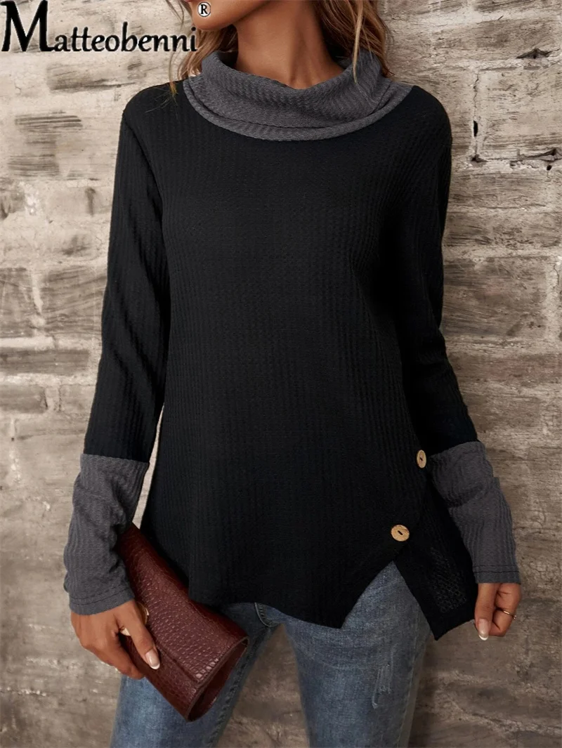 

2022 Autumn Winter Retro Waffle Half Turtleneck Long Sleeve T-shirt Female Solid Colored Pullover Casual Women Tee Office Tops