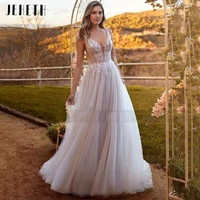 jeheth champagne vintage backless tulle boho wedding dresses lace applique a line sweep train bride gowns vestidos de novia 2022