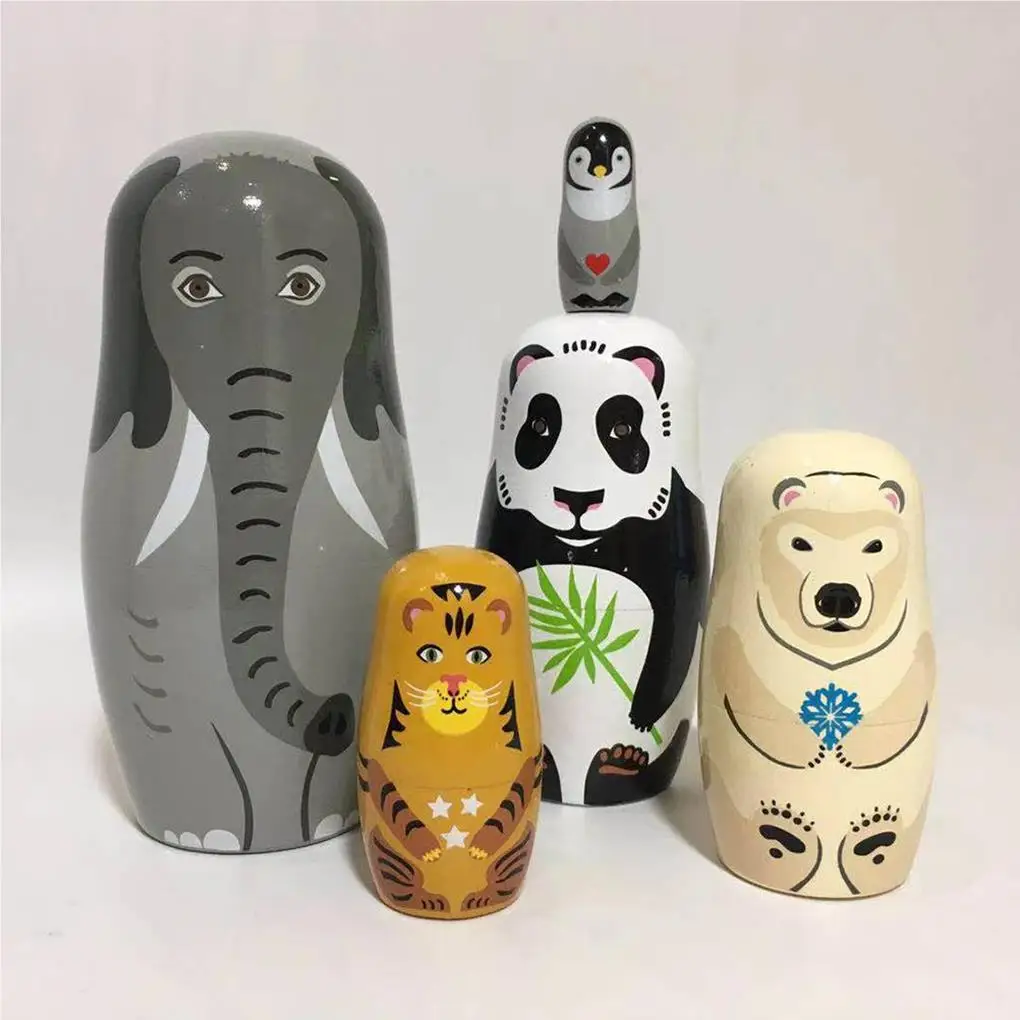 

Russian Nesting Babushka Doll Five-layer Animal Inkjet Unfinished Crafts Ornaments Hand Elephant Bear for Party Festival