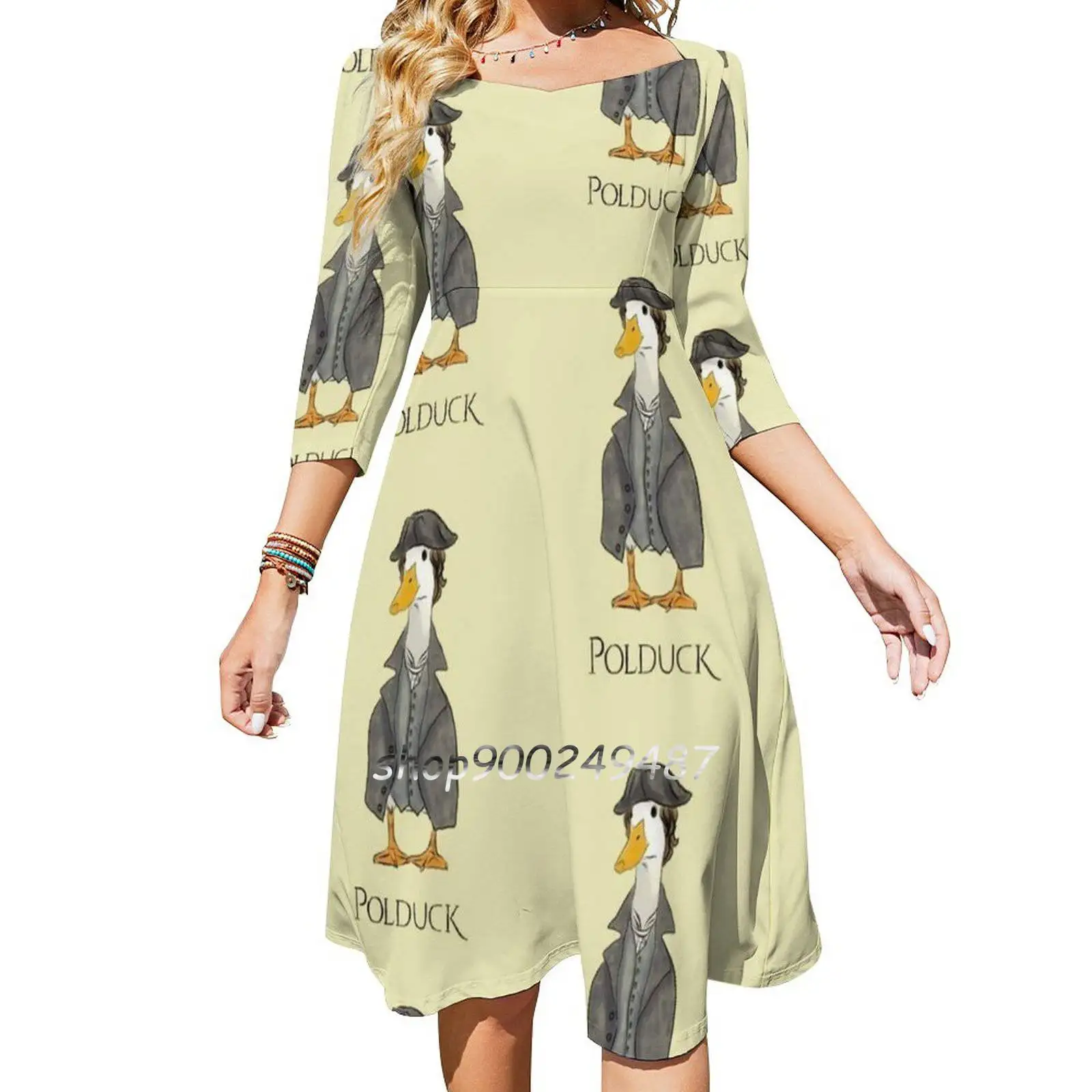 Polduck Sweet Elegant Dress Women Korean Kawaii Square Collar Funny Silly Parody Poldark Duck Cute Bird Goose
