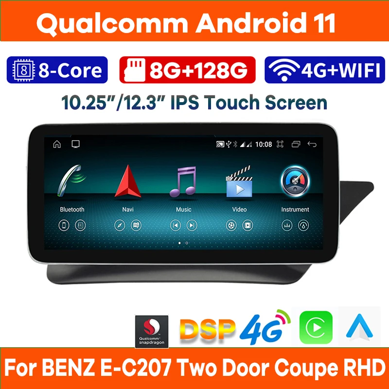 

Автомобильный видеоплеер Qualcomm Android 11 для Mercedes Benz E Class C207 W207 A207, видеоплеер с двумя дверцами, GPS, головное устройство для CarPlay, 10,25/12,3 дюймов