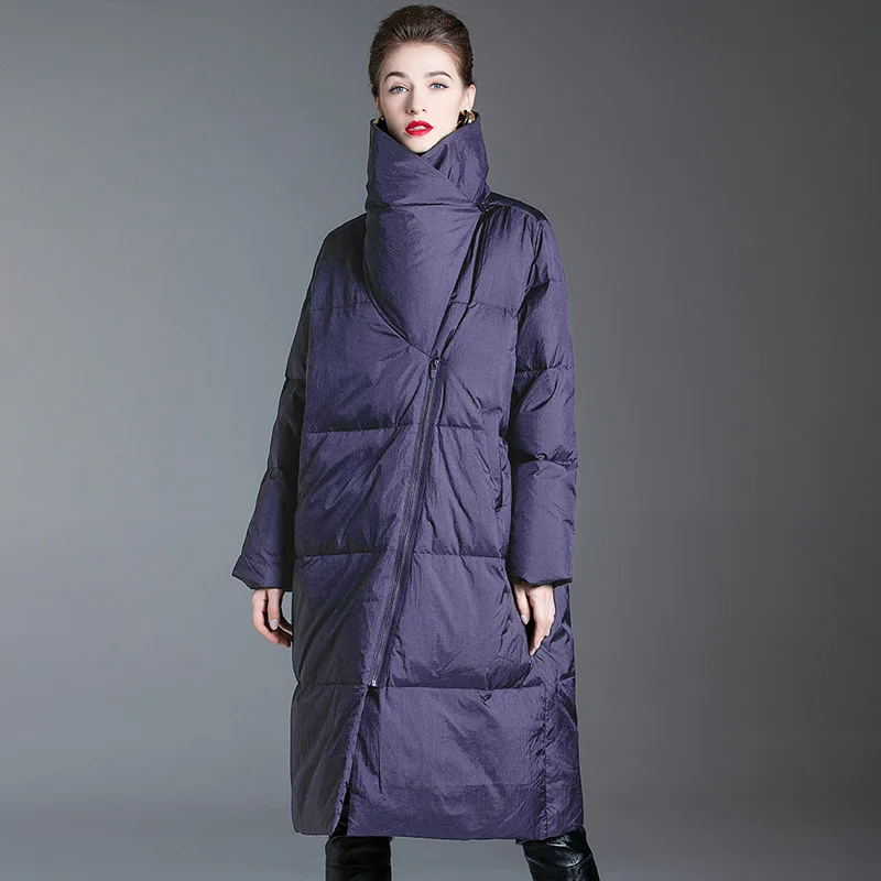 

Пуховик женский средней длины, с высоким воротником, на белом утином пуху