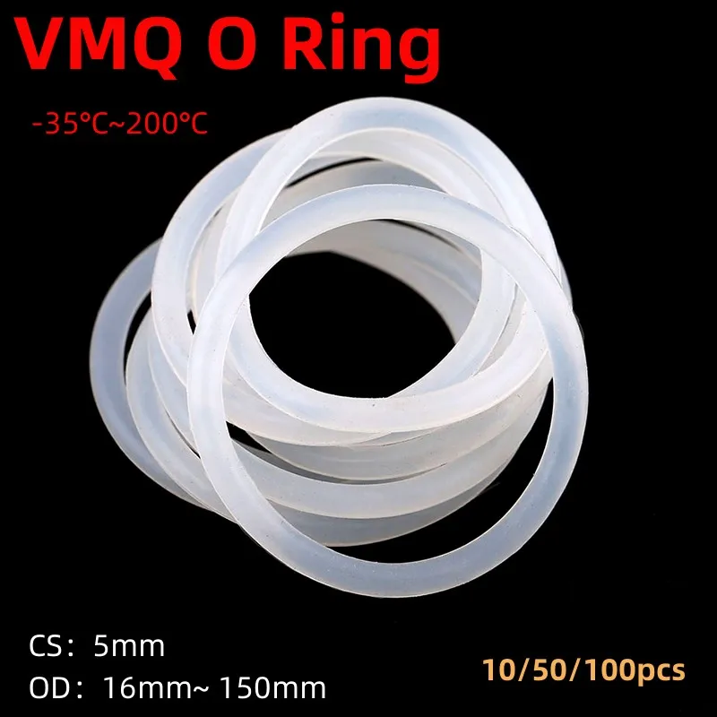 

10/50/100Pcs VMQ White Silicone Ring Gasket Thickness CS5mm OD16mm~150mm Food Grade Waterproof Washer Rubber Insulate O Ring
