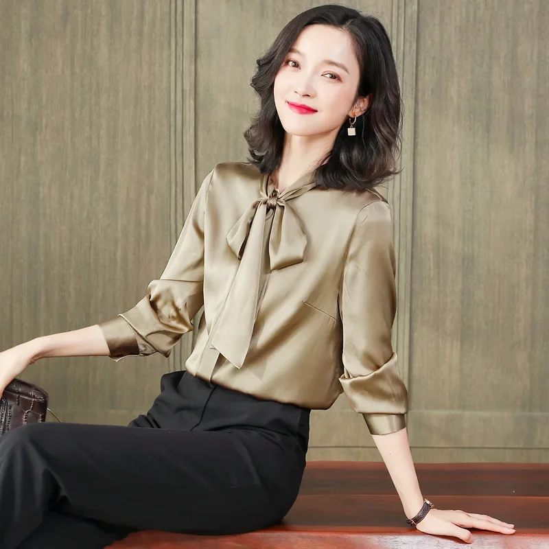 Новая рубашка из натурального шелкового атласа женская блузка шелка с длинными