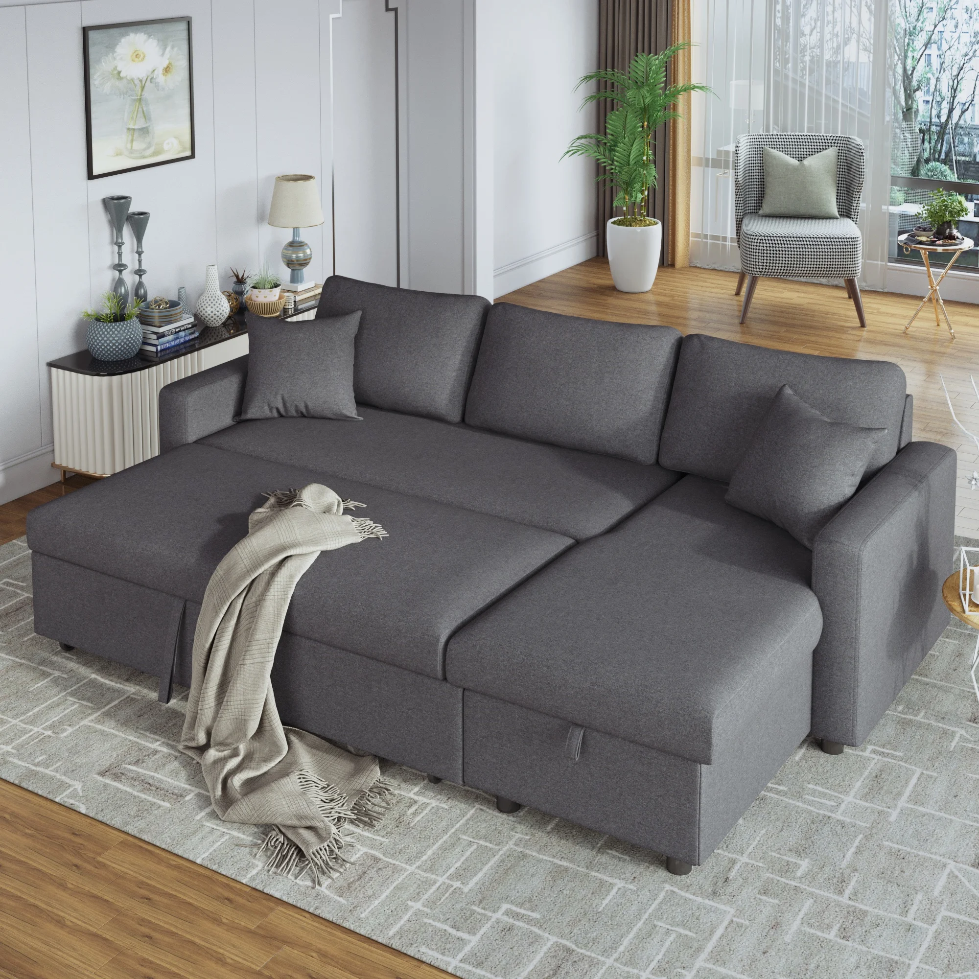 

Upholstery Sleeper Sectional Sofa Grey With Storage Space 2 Tossing Cushions Sectional Sofas Bed Simple And Modern Comfortable