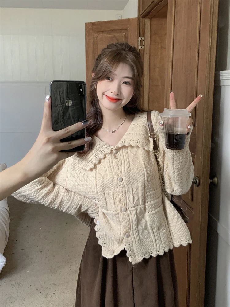 

GY1448 Hollow lace navy neck sweater Autumn and winter 2022 new loose fashion knitted cardigan women's fashion trend