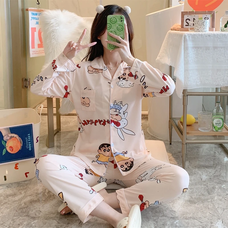

Autumn Pajamas Women's Long-Sleeved Trousers Cardigan Korean Style Sweet and Fresh Student Homewear Pairs Long Pajama Set Crayon