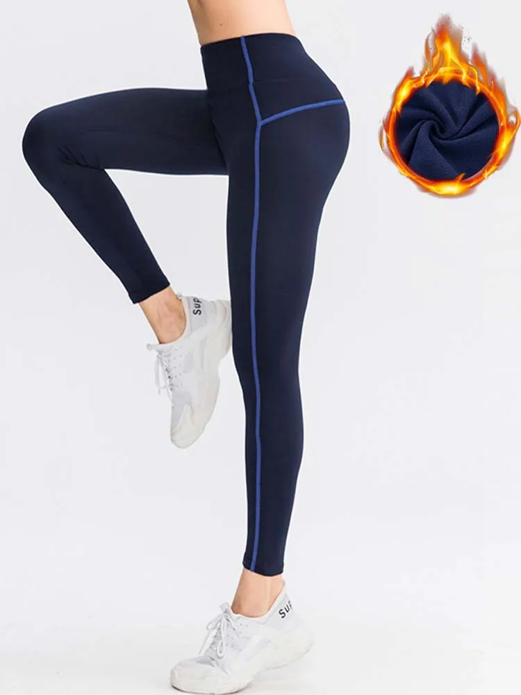 Autumn Winter Pants for Women Thick Warm Fleece High Waist Pencil Pants Stretchy Velvet Trousers Elastic Stripe Leggings 