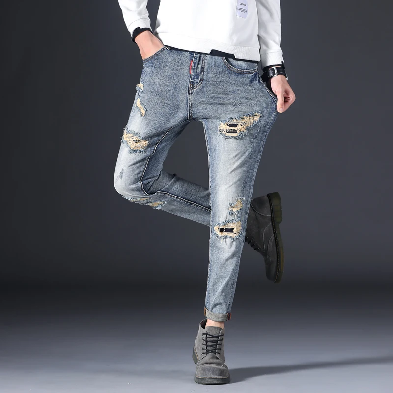 European and American Men's Perforated Jeans Trend Brand Slim Fit Ripped Jeans Motorcycle Pants Men's Skinny Jeans