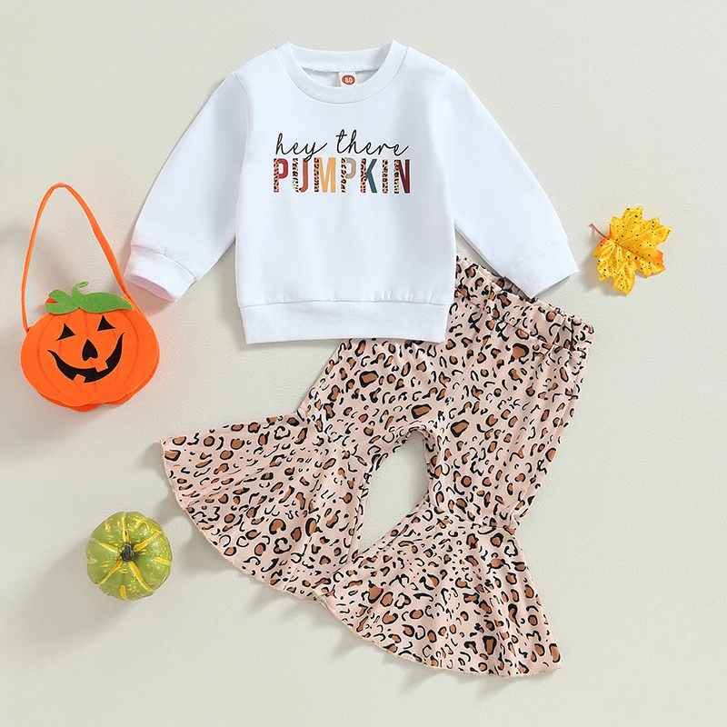 

BeQeuewll Toddler Girl Fall Outfits Letter Print Crew Neck Sweatshirts Leopard Print Flare Pants 2Pcs Thanksgiving Clothes Set