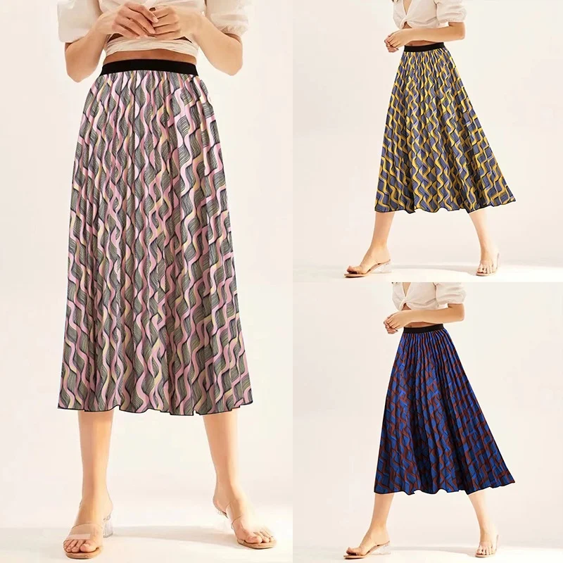 

Женская плиссированная юбка с поясом на резинке, юбки средней длины с волнистым и цветочным принтом