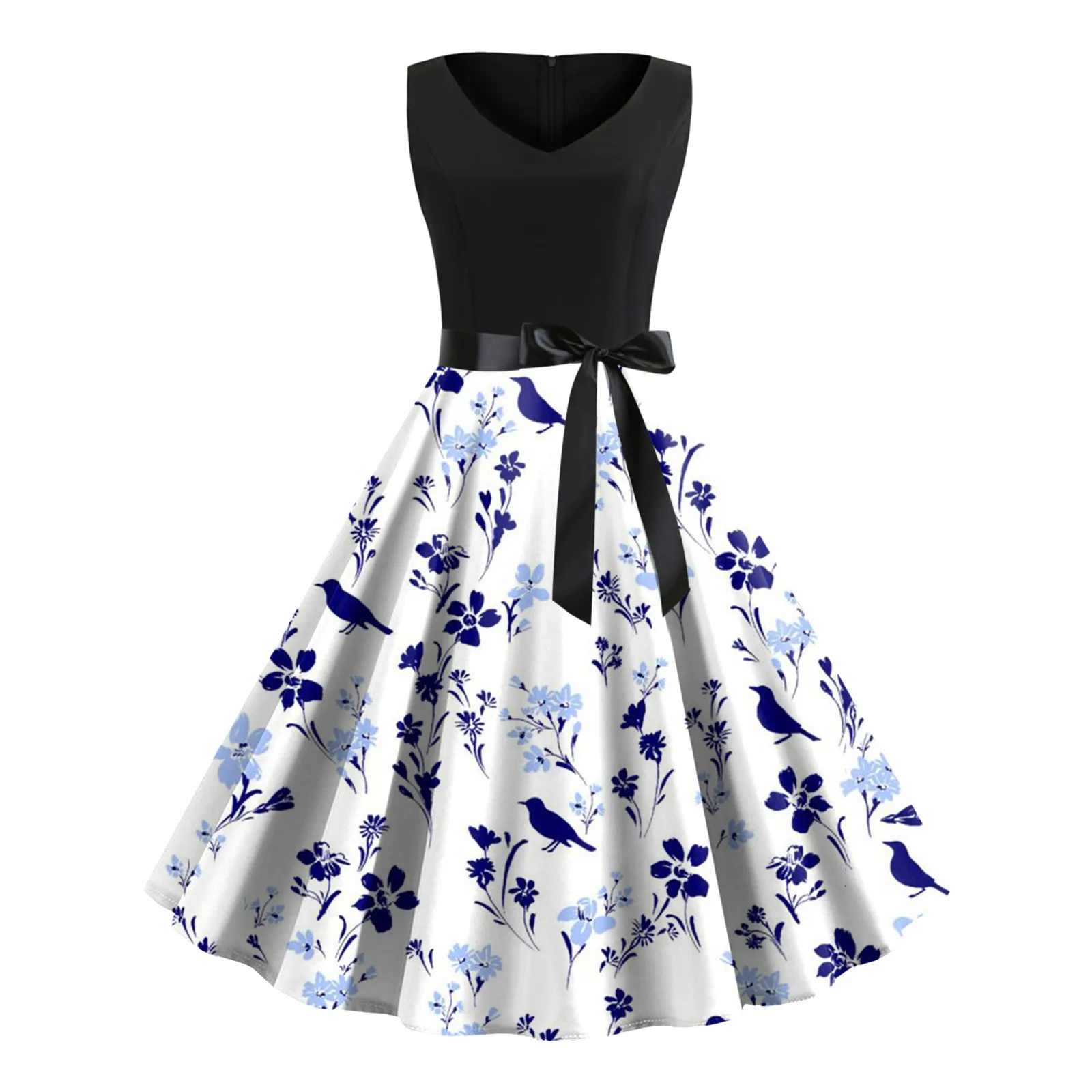 

Black Blue Patchwork Floral Summer Dress Women Vintage 50s 60s Pin Up Rockabilly Dress Robe Party Sleeveless Knee Length Dresses