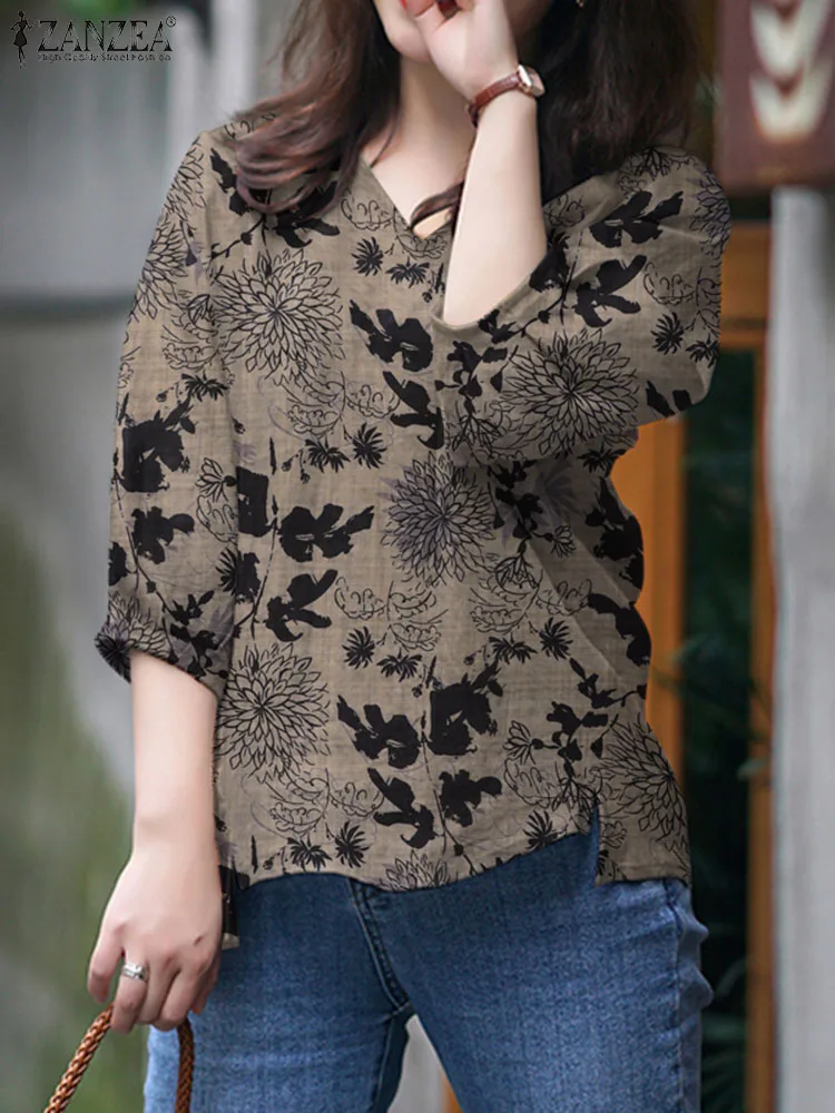 

ZANZEA Summer Women 3/4 Sleeve V Neck Printed Tops Tunic 2023 Vintage Floral Holiday Blouse Casual Shirt Female Loose Blusas