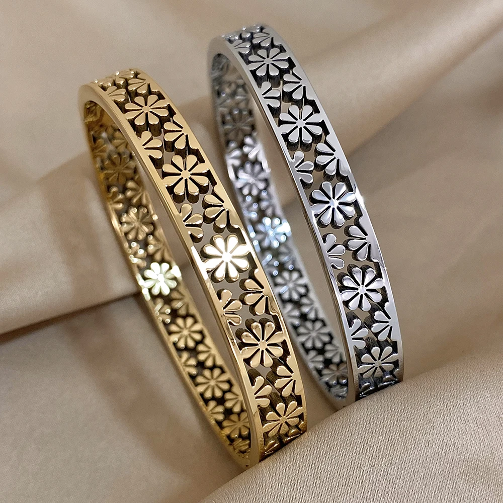 

Vintage Hollow Daisy Flower Stainless Steel Bangle Bracelet For Women Girls Fashion Floral Gold Silver Color Cuff Bracelet