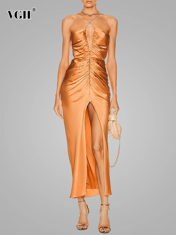 

VGH Temperament Dresses For Women Halter Spaghetti Strap High Waist Folds Elegant Dress Female Autumn Clothing Fashion Style New
