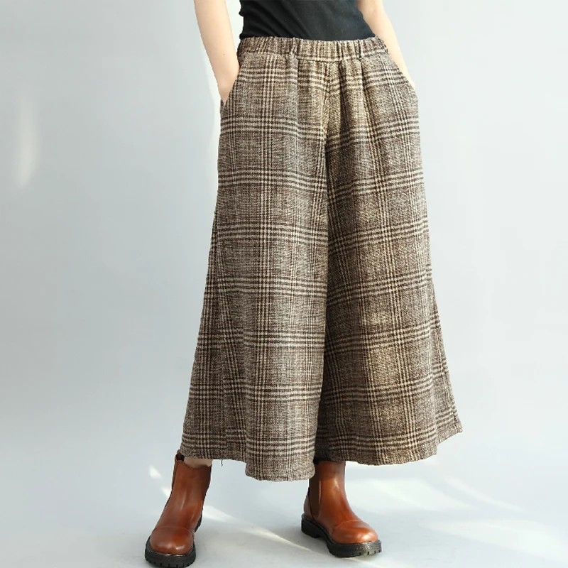 

Woolen Knitted Wide Leg Capris Women's Autumn And Winter High Waist Thickened Draped Plaid Retro Loose Casual Straight Pants