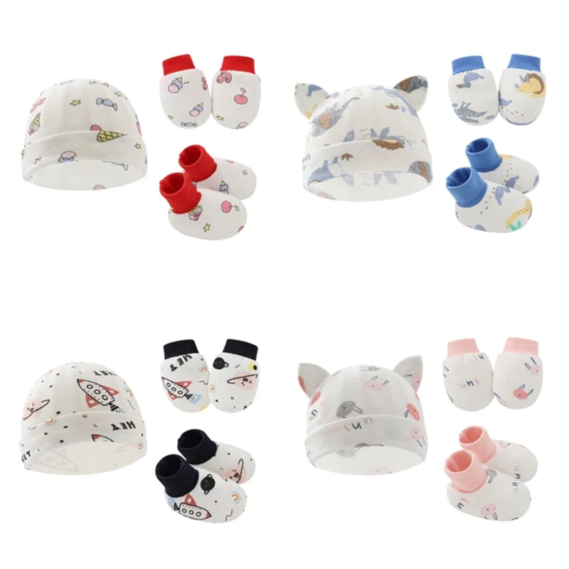 

67JC Cozy Baby Hat Breathable Jacquard Thin Gloves & Socklet Bear Ear Beanie Cap Skin Friendly Hand Wash Summer Spring Suit