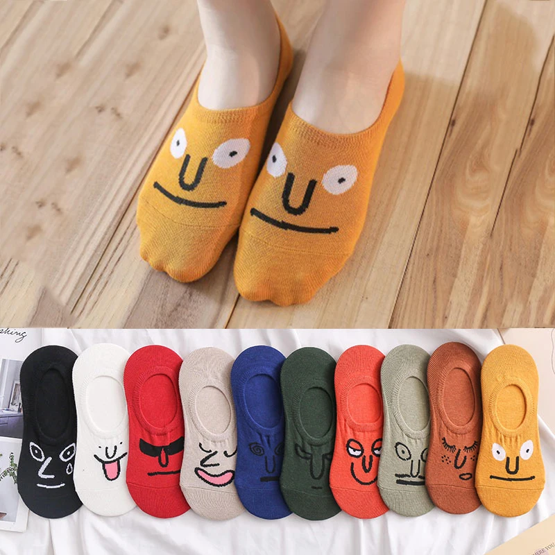 

5 Pairs Kawaii Embroidery Cute Expression Cotton Smiley Retro Color Ankle Funny Socks For Women 1 Pair EU Size 35-39