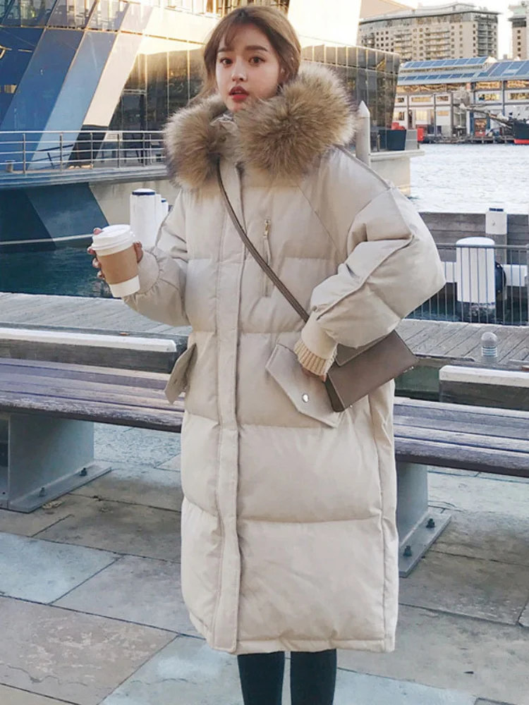 

Женские зимние куртки, платья Traf, парки, Корейская одежда, пуховая куртка, средней длины, шерстяной воротник, плотная подкладка, теплые хлопковые пальто