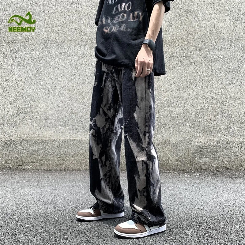 Neemoy New Black Tie-dye Jeans Men's Pants Casual Baggy Jeans High Street Hip Hop Loose Wide-leg Jeans Mens Denim Pants