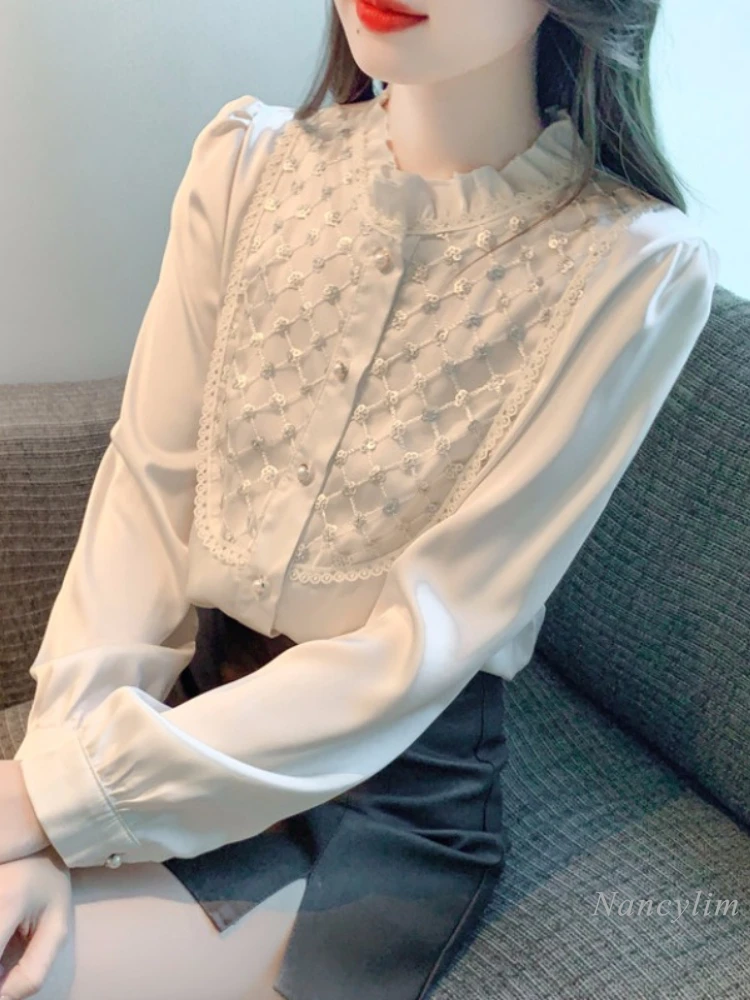 

High-End Satin Shirt Women's Autumn Undershirt 2023 New Fashion Beautiful Beaded Sequins Long-Sleeved Top Niche All-Match Blusas