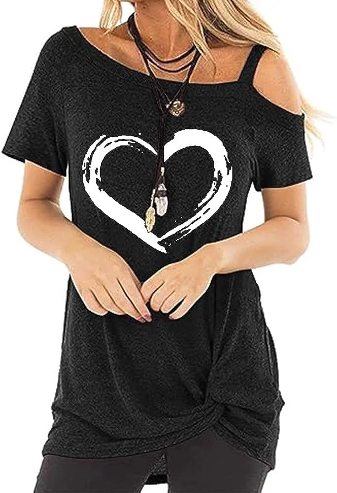 

Heart Love Printed Women Cold Shoulder Tops Summer Short Sleeve Shirts Casual Twist Blouse T-Shirt 5
