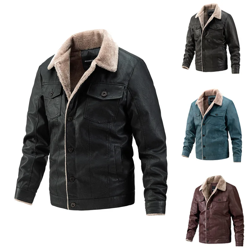 

2022 Autumn Winter PU Leather Jacket Men Casual Faux Leather Plus Velvet Single-breasted Coat Slim Fit Motorcycle Lapel Outwear