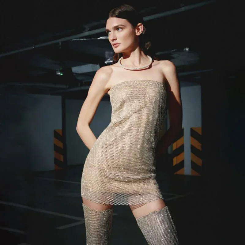 AKYZO Fishnet Rhinestone Evening Dresses for Women Sexy Strapless Dress Crystal Diamond Nightclub Party Festival Rave Outfits