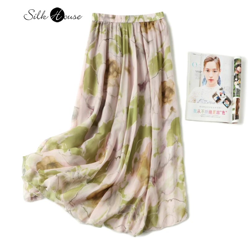 

Non Stitched Double-layer Natural Mulberry Silk Skirt Temperament Versatile Printed Women's Medium Length Skirt