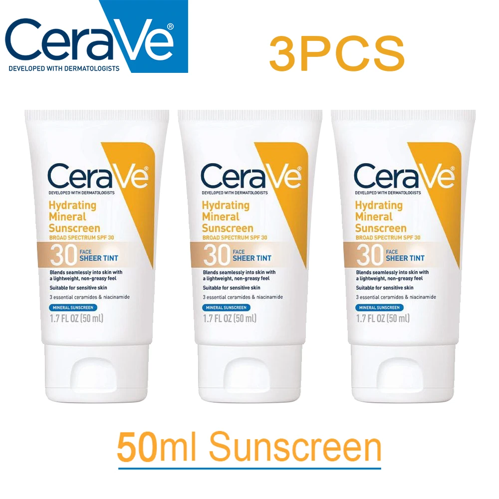 

3pcs/set CeraVe Hydrating Mineral SPF30+ Sunscreen Refreshing Oil-Control Moisturizing Isolation Anti UV Facial Sun Protection
