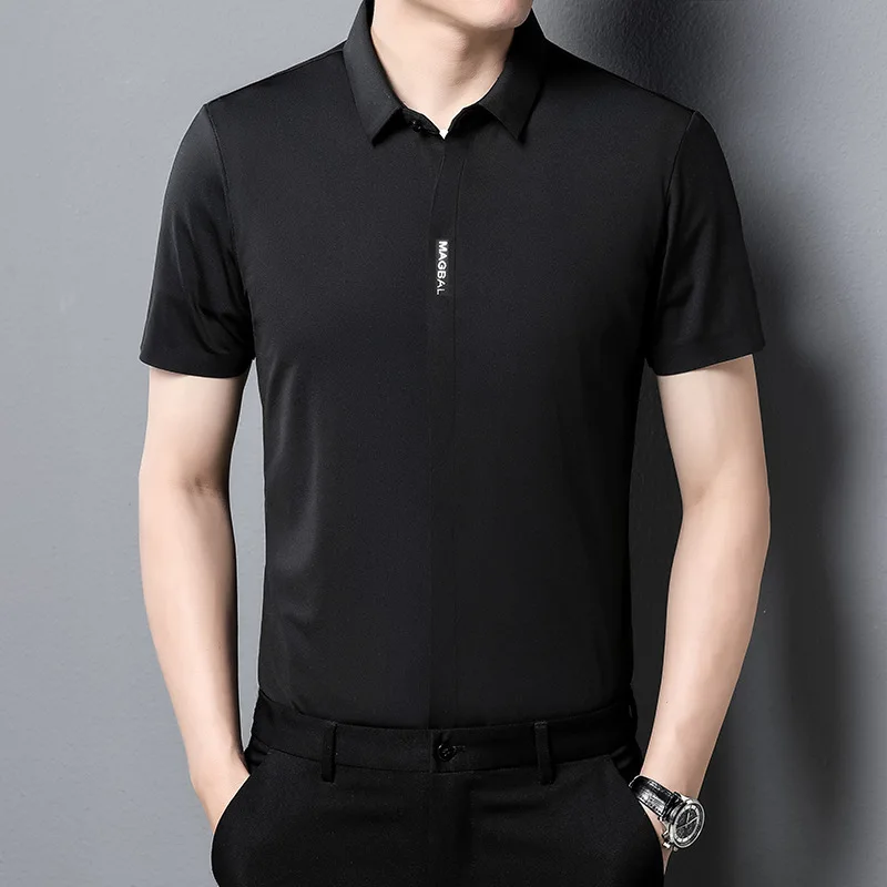Ice Silk Seamless Short-sleeved Shirt Men's Business Casual Hidden Button Men's Shirt Youth 2022 New Solid Color Shirt Men