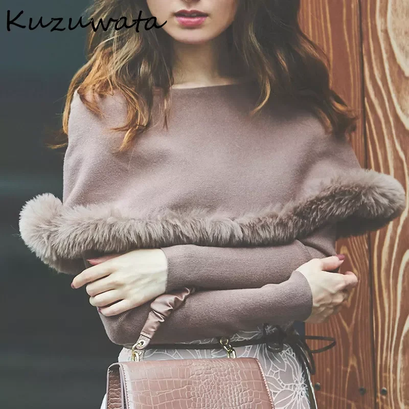 

Kuzuwata 2022 Winter New Women Jumpers Japanese Temperament Commuter Pullover Fur Shawl Long Sleeved Slim solid Knit Sweater