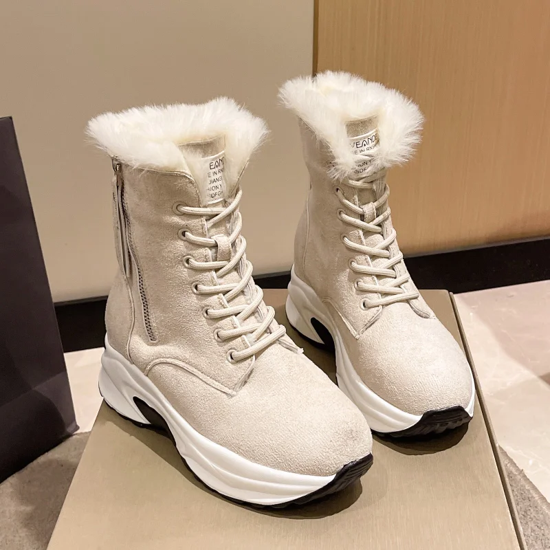 

Зимние кожаные женские ботинки для снежной погоды, меховые теплые кроссовки на платформе, Модные ботильоны, Новая повседневная женская обу...