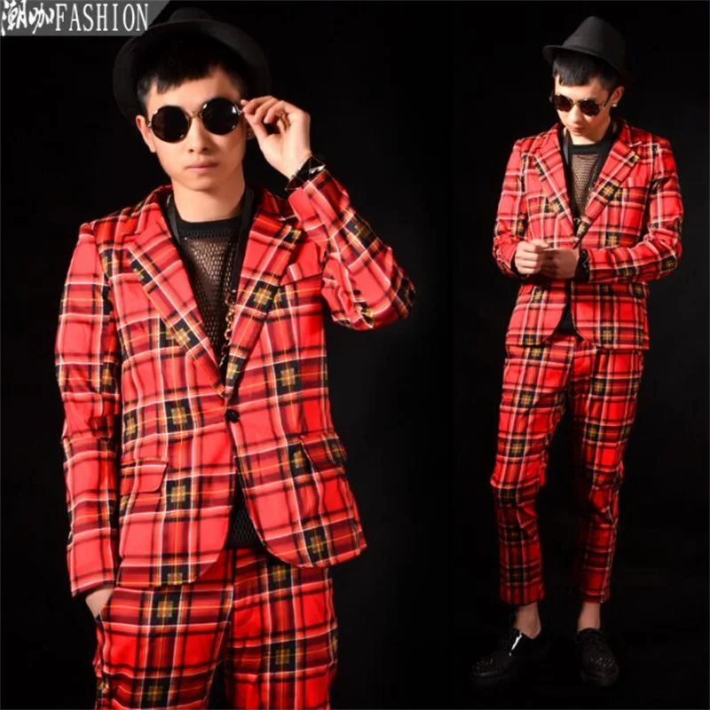 Red suits mens blazers scottish style slim stage European and American korean performance costumes singer