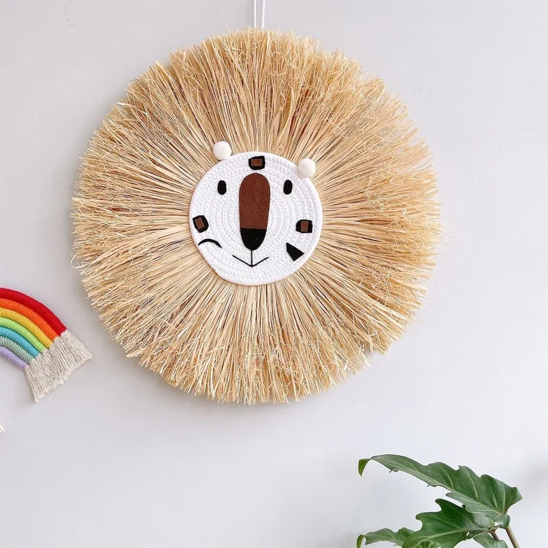 

Nordic Hand Woven Cartoon Lion Hanging Decorations Cotton Thread Weaving Animal Head Ornament Children Room Wall Hanging