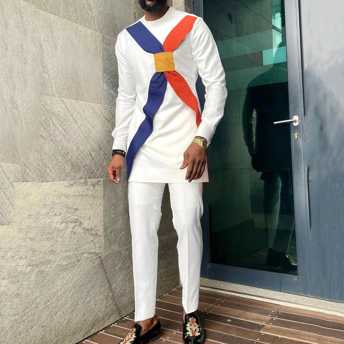 

New 2PC Men's Luxury Designer Clothing Round Neck Long-sleeved Pants Sets Ethnic Outfit Casual Style Suits For Men Kaftan