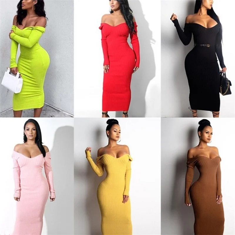 

Женское трикотажное платье в рубчик, однотонное облегающее Повседневное платье средней длины с длинным рукавом и V-образным вырезом, Осень-...