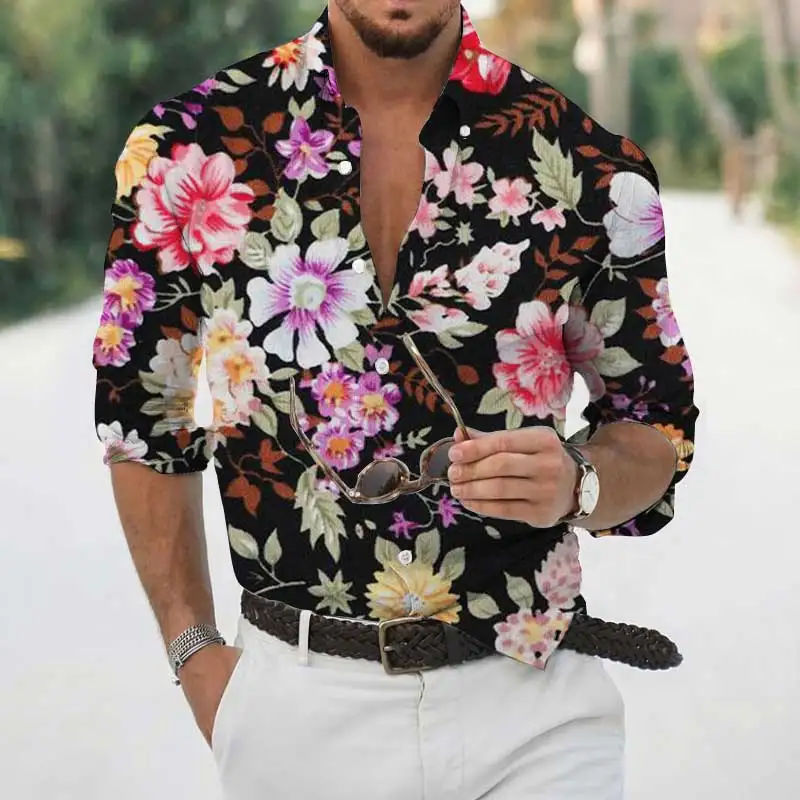 2022 Spring and Autumn New Men's Long-sleeved Shirt Casual Fashion Street Retro Floral Single-breasted Lapel Shirt