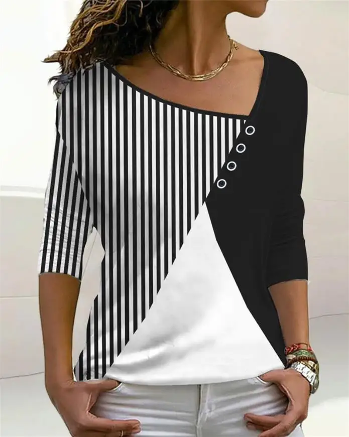 

Colorblock Asymmetrical Neck Long Sleeve Top